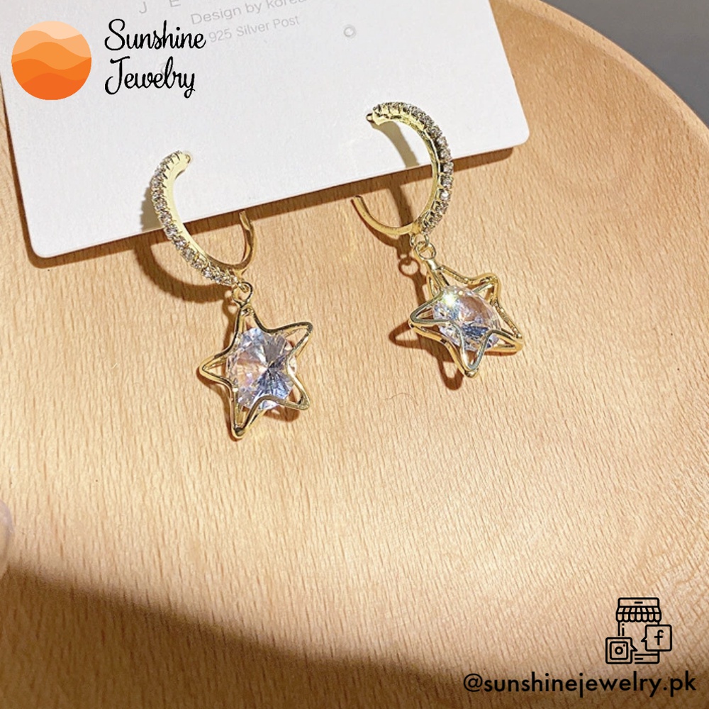S925 Korean Style Diamond Star Hoop Earrings Gold Color jewelry/jewellery Elegant Stylish Party Earring Silver