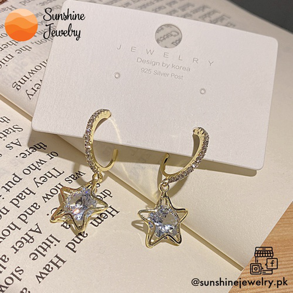 S925 Korean Style Diamond Star Hoop Earrings Gold Color jewelry/jewellery Elegant Stylish Party Earring Silver